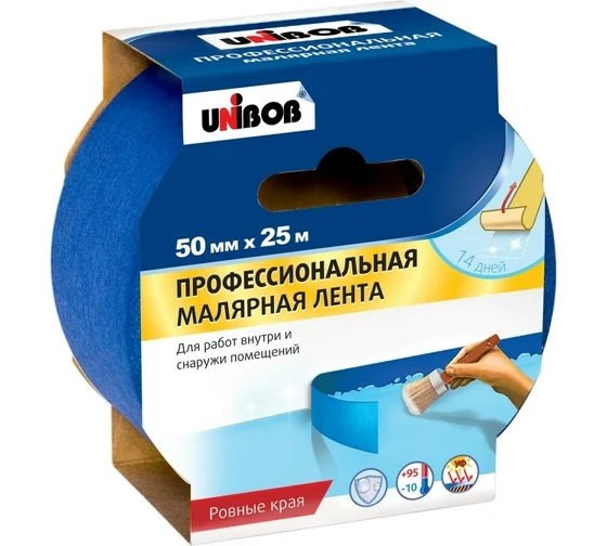 Лента клейкая проф. малярная д/наруж.работ UNIBOB 50мм х 25м синяя